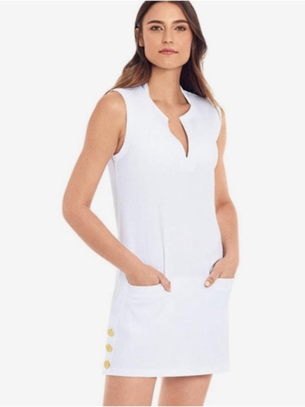Lauren Ralph Lauren Sleeveless White Notch-Neck Shift Dress with Pocket Detail